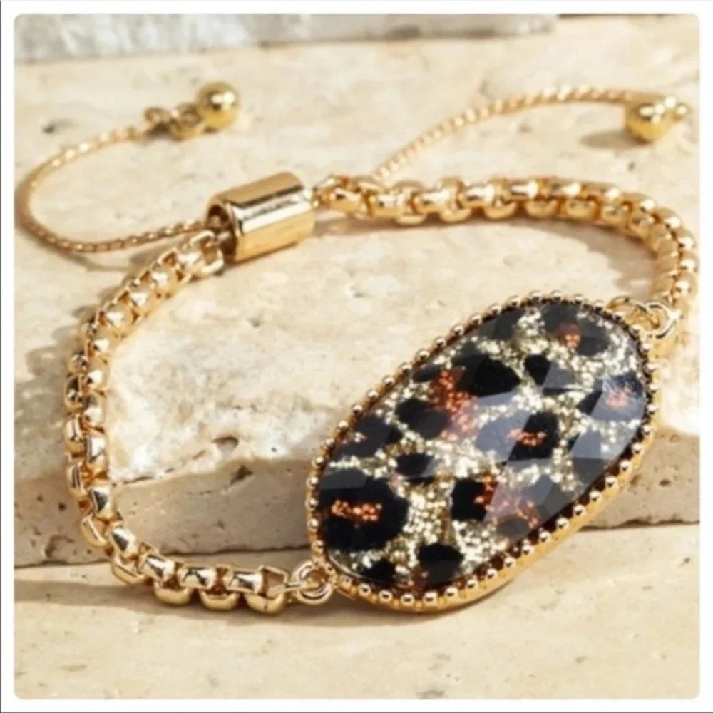 Leopard Print Adjustable Bracelet — Gold Chain Statement Jewelry